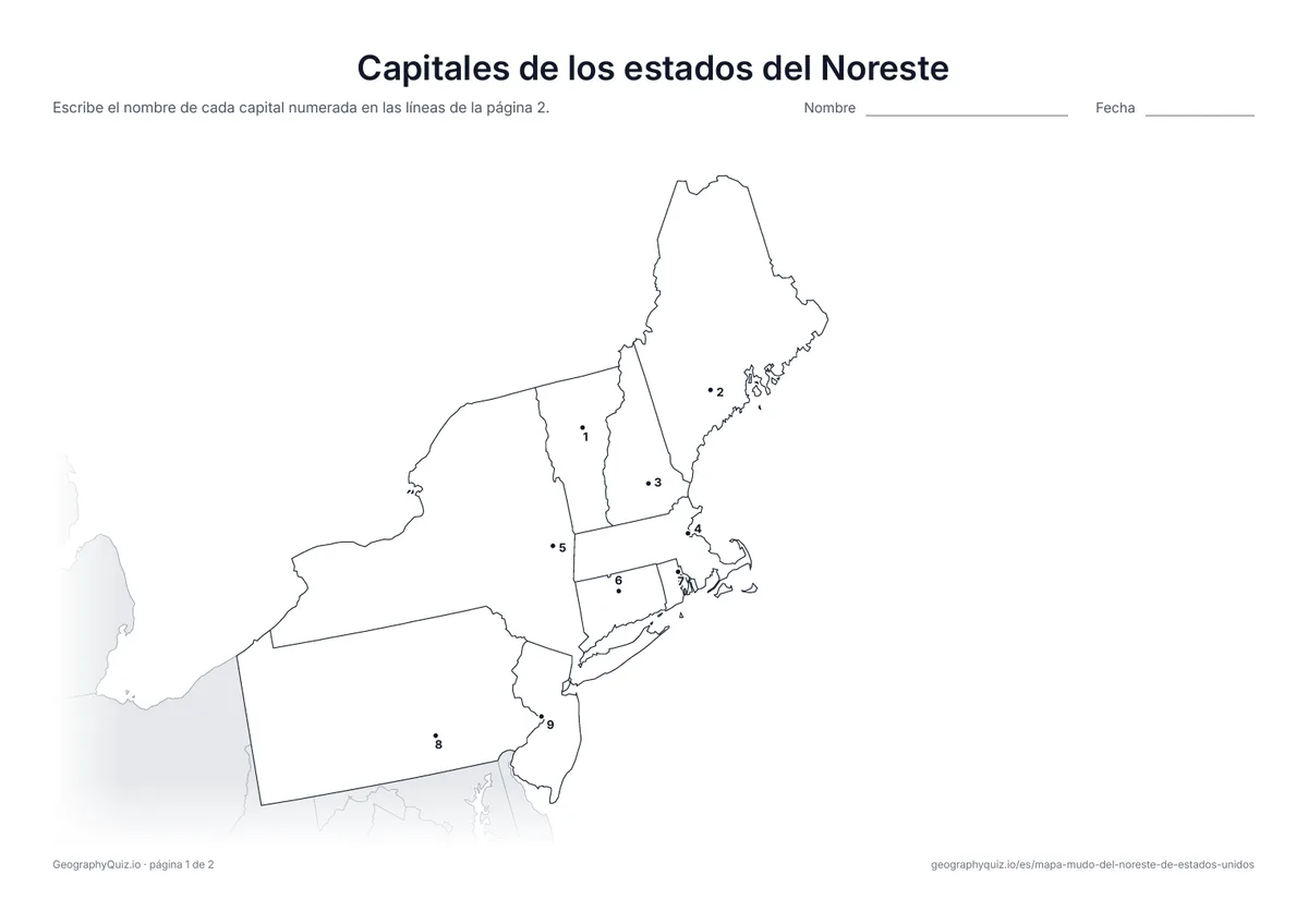 Vista previa de la ficha para imprimir «Capitales de los estados del Noreste»