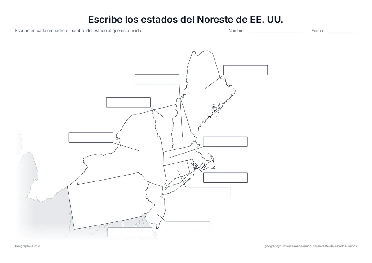 Vista previa de la ficha para imprimir «Escribe los estados del Noreste de EE. UU.»
