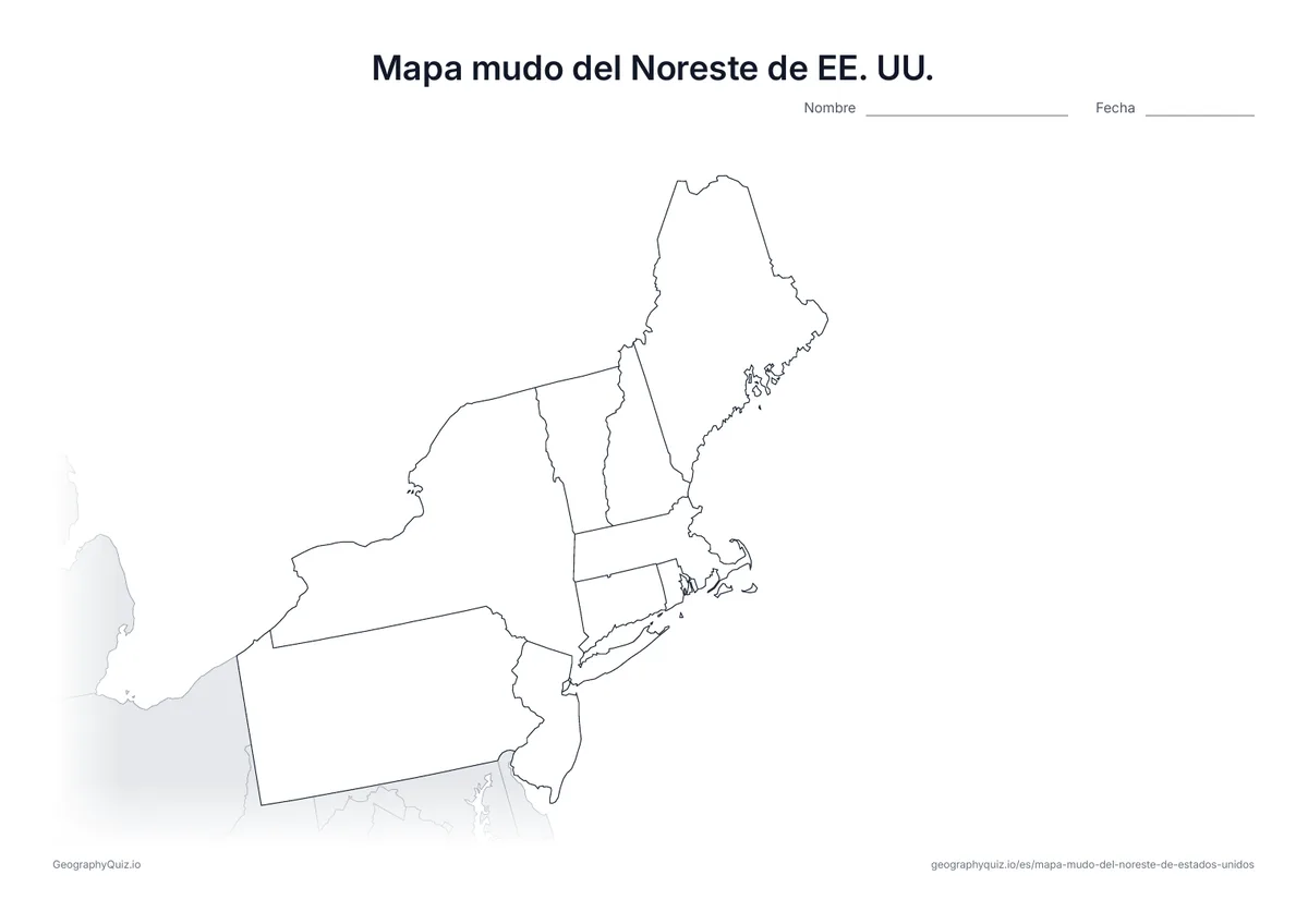 Vista previa del mapa mudo del Noreste de Estados Unidos para imprimir