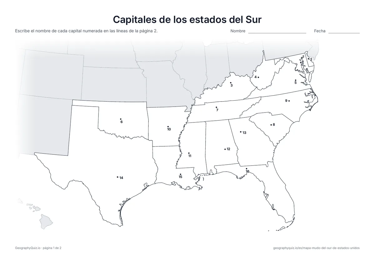 Vista previa de la ficha para imprimir «Capitales de los estados del Sur»