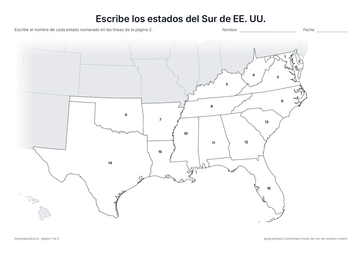 Vista previa de la ficha para imprimir «Escribe los estados del Sur de EE. UU.»
