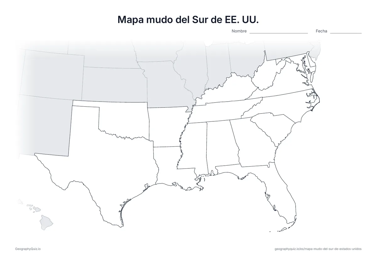 Vista previa del mapa mudo del Sur de Estados Unidos para imprimir