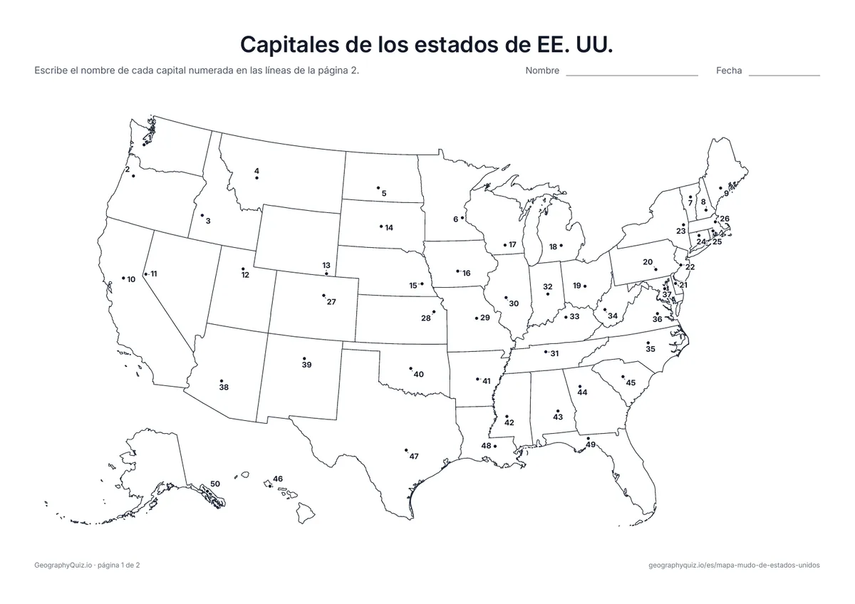 Vista previa de la ficha para imprimir «Capitales de los estados de EE. UU.»