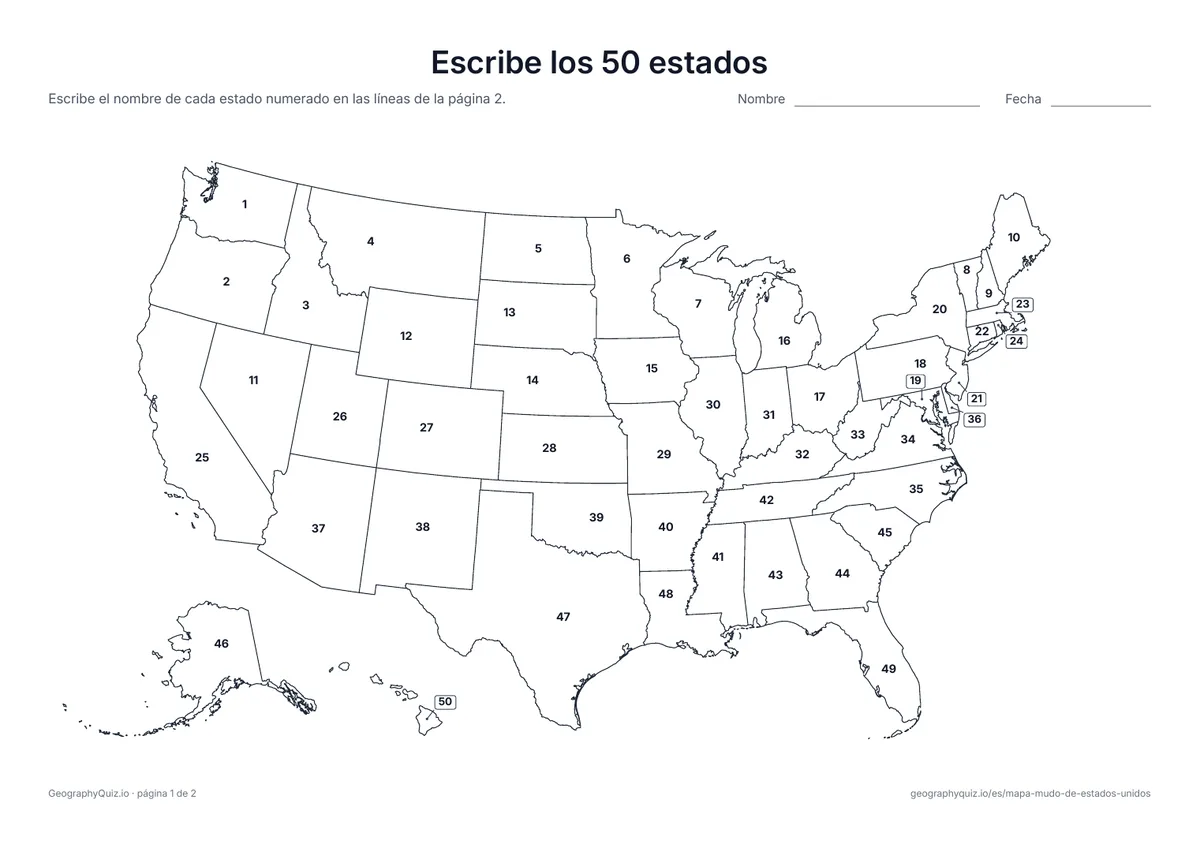 Vista previa de la ficha para imprimir «Escribe los 50 estados»