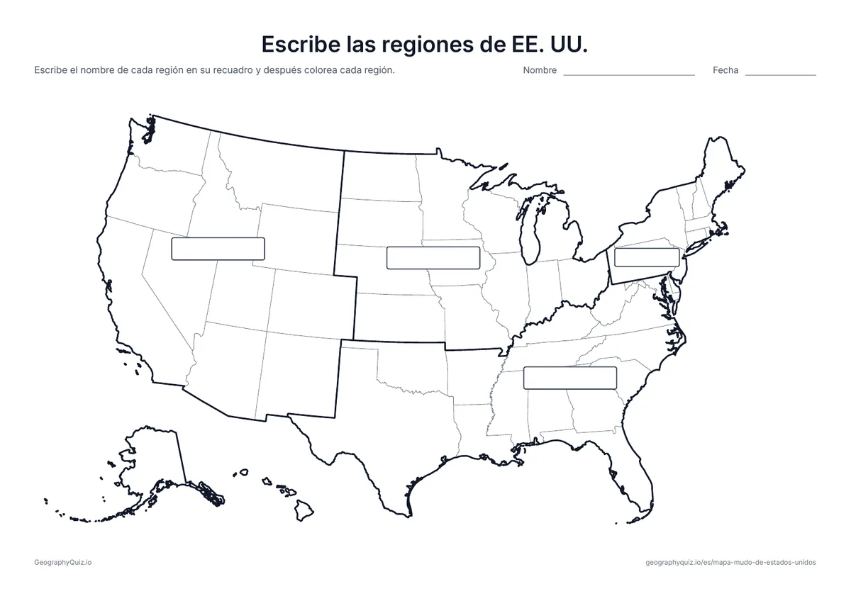 Vista previa de la ficha para imprimir «Escribe las regiones de EE. UU.»
