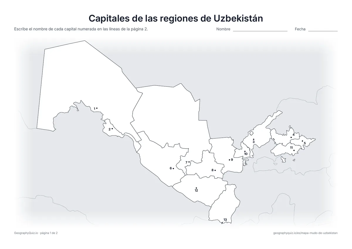 Vista previa de la ficha para imprimir «Capitales de las regiones de Uzbekistán»