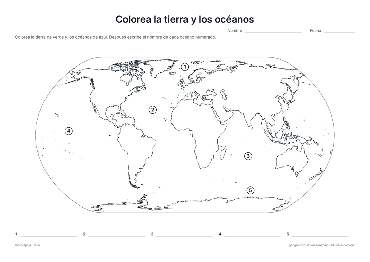 Vista previa de la ficha para imprimir «Colorea la tierra y los océanos»: Colorea la tierra de verde y el agua de azul, y escribe el nombre de cada océano numerado