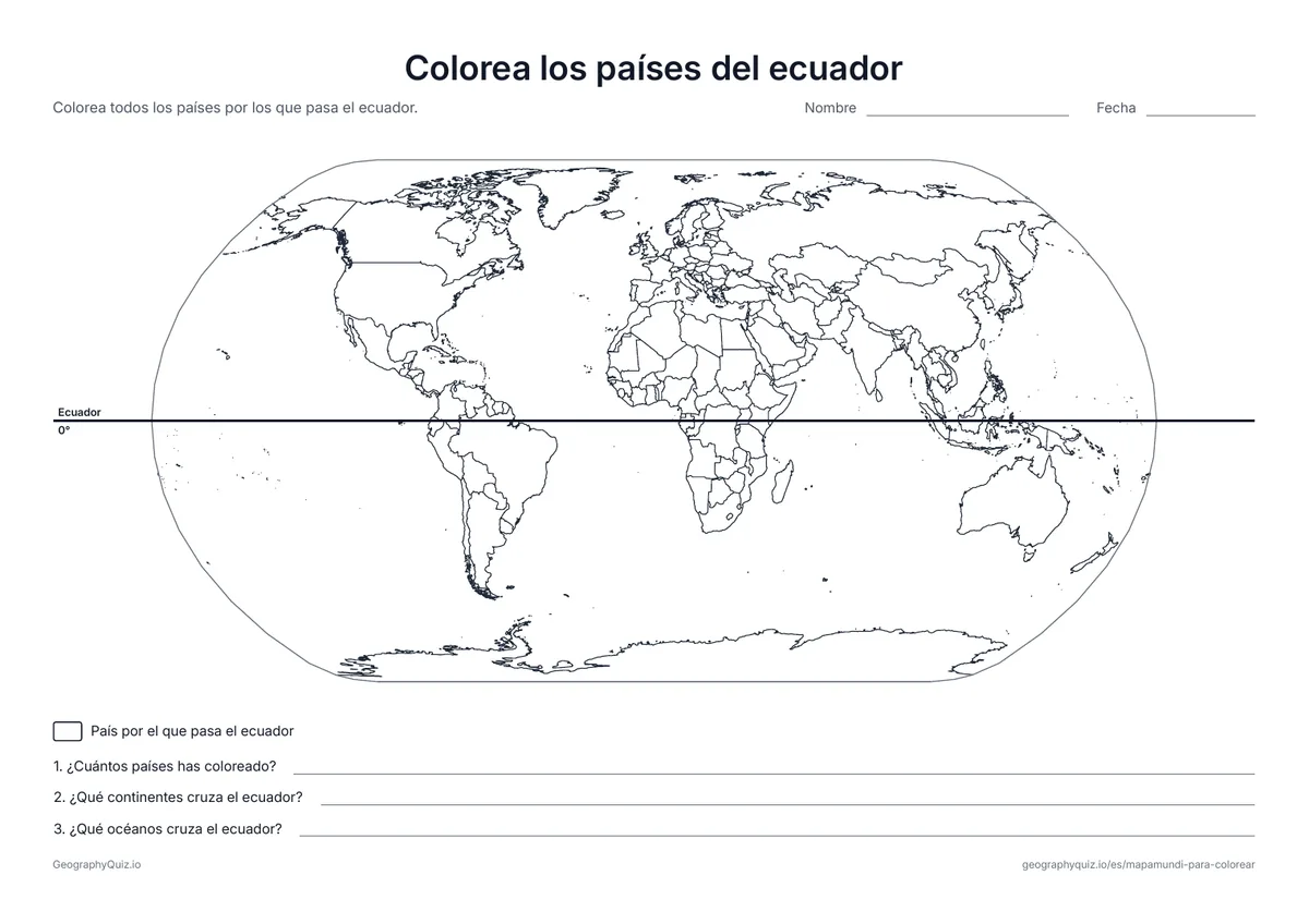 Vista previa de la ficha para imprimir «Colorea los países del ecuador»: El ecuador cruza el mapa