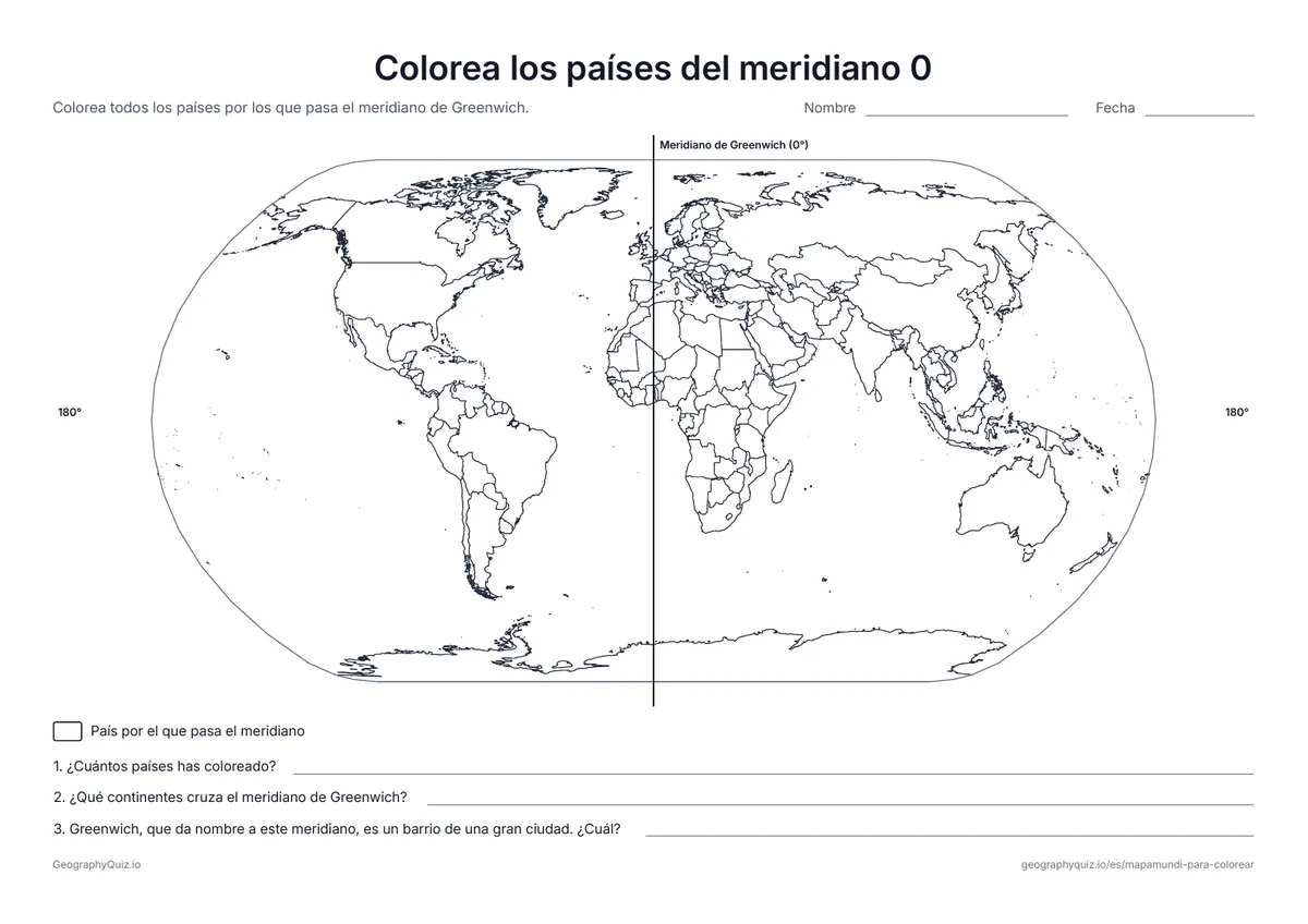 Vista previa de la ficha para imprimir «Colorea los países del meridiano 0»: El meridiano de Greenwich recorre el mapa de polo a polo