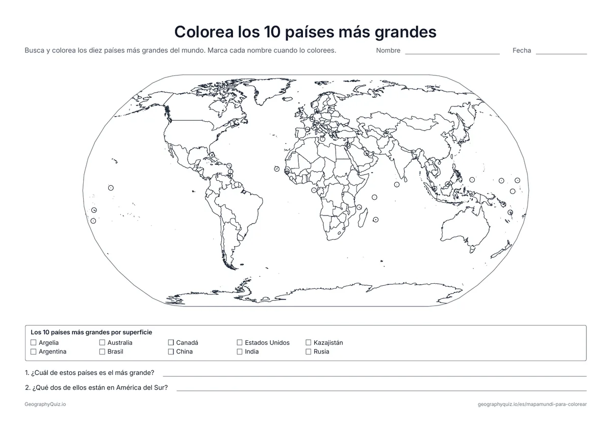 Vista previa de la ficha para imprimir «Colorea los 10 países más grandes»: Un mapa del mundo con todas las fronteras y una lista de los diez países más grandes por superficie