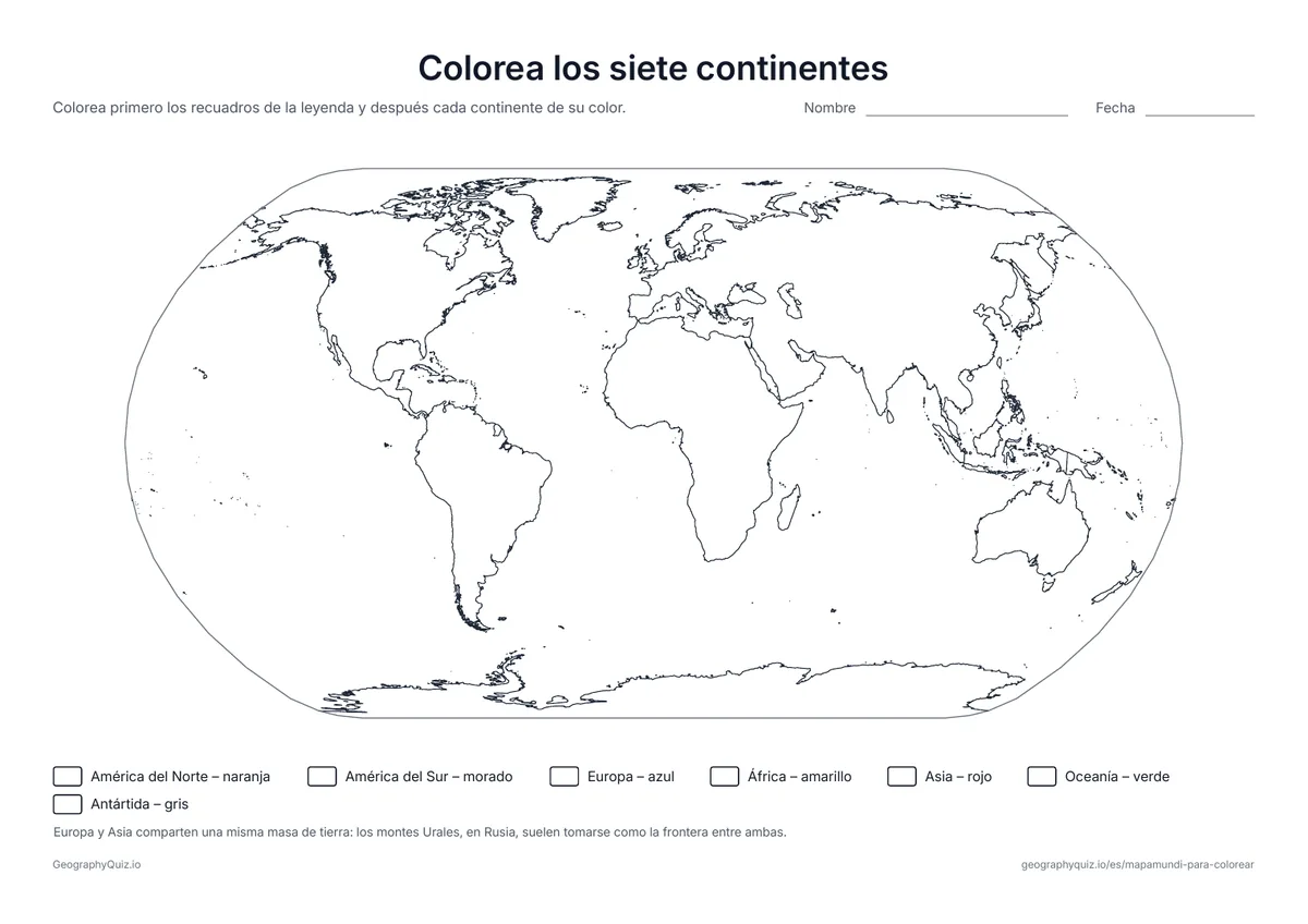 Vista previa de la ficha para imprimir «Colorea los siete continentes»: Un mapa de los siete continentes con una leyenda de colores: los alumnos colorean primero la leyenda y después cada continente