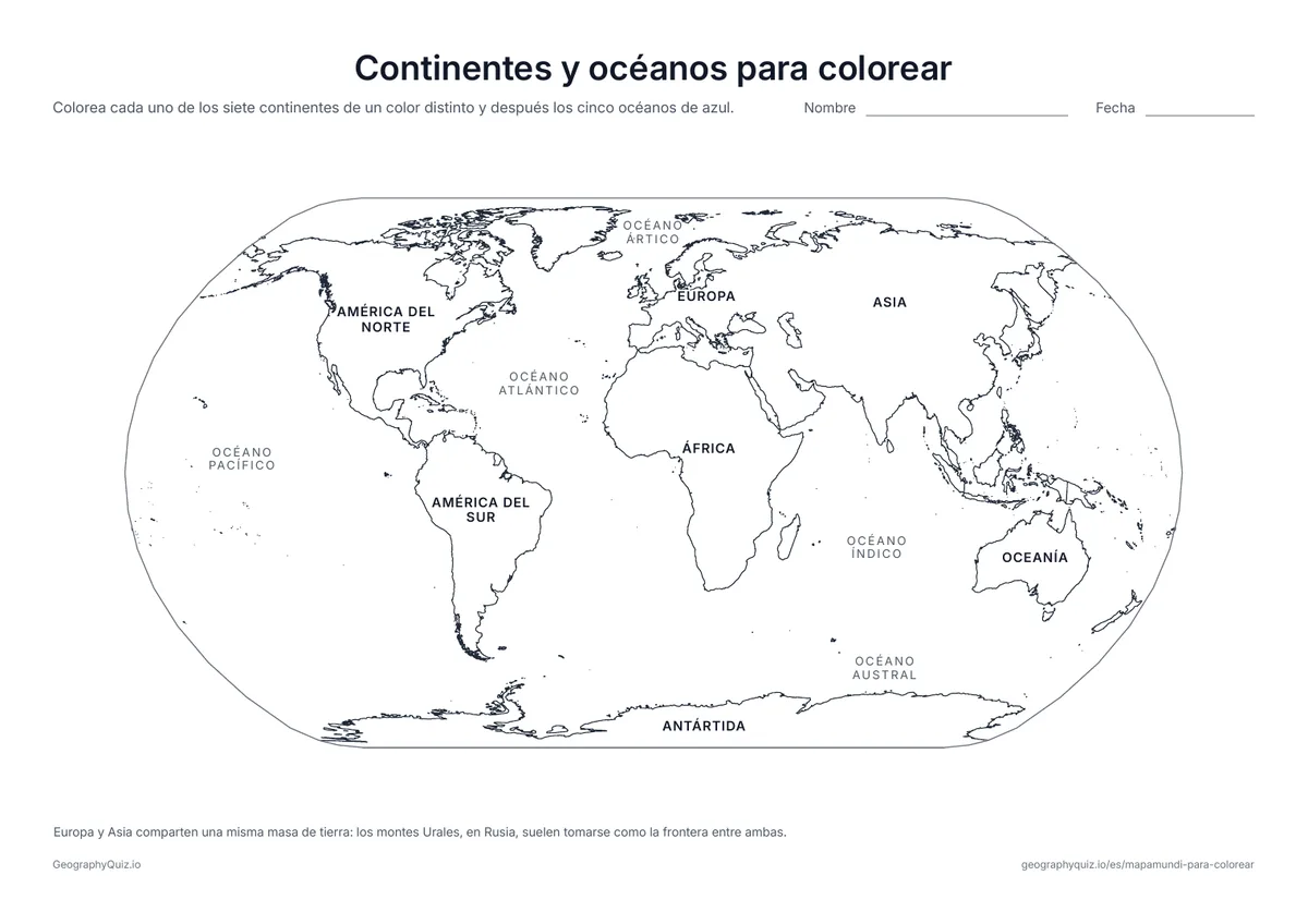 Vista previa de la ficha para imprimir «Continentes y océanos para colorear»: Los siete continentes y los cinco océanos llevan su nombre en el mapa