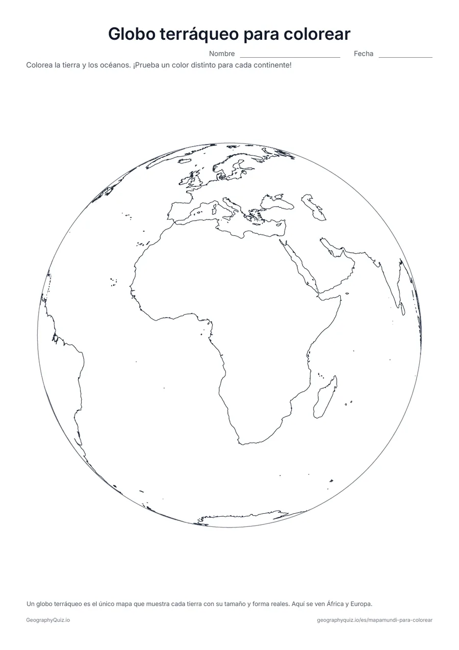 Vista previa de la ficha para imprimir «Globo terráqueo para colorear»: La Tierra como un globo redondo, con África y Europa en el centro: colorea la tierra de verde y marrón y los océanos de azul