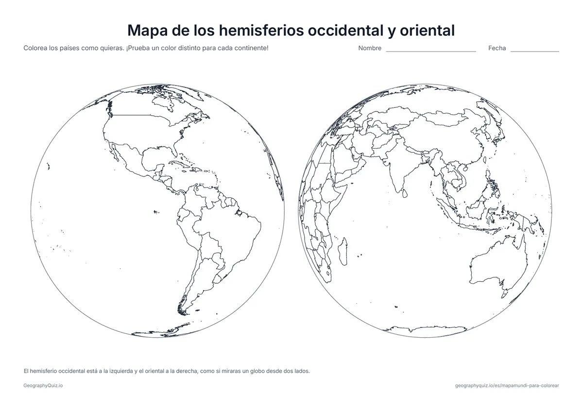 Vista previa de la ficha para imprimir «Mapa de los hemisferios occidental y oriental»: Dos globos lado a lado: América en uno; Europa, África, Asia y Australia en el otro