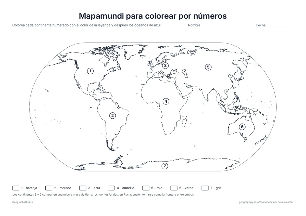 Vista previa de la ficha para imprimir «Mapamundi para colorear por números»: Cada continente lleva un número del 1 al 7