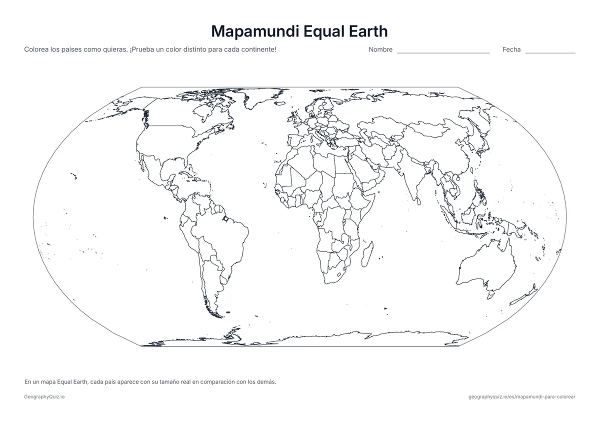 Vista previa de la ficha para imprimir «Mapamundi Equal Earth»: La proyección Equal Earth, que muestra cada país con su tamaño real en comparación con los demás