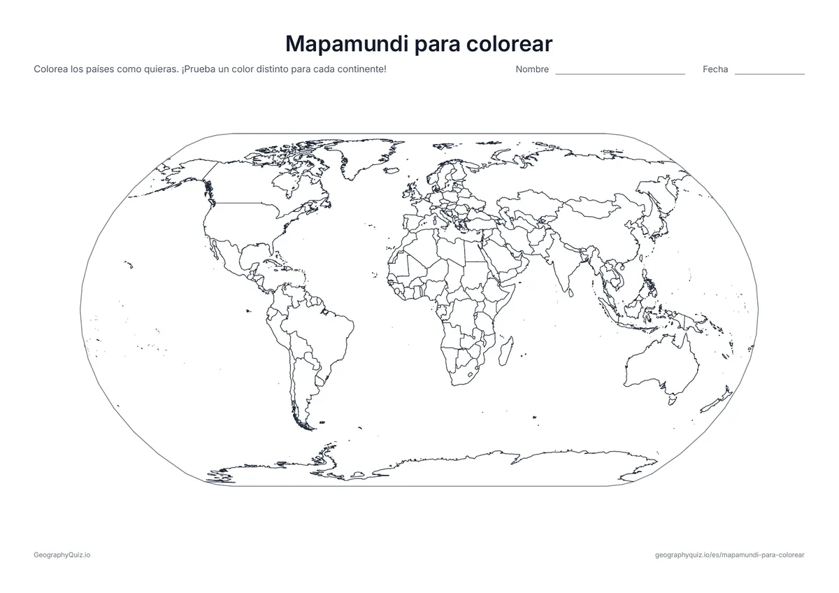 Vista previa de la ficha para imprimir «Mapamundi para colorear»: Un mapa del mundo con todos los países y sin nombres: colorea los países como quieras