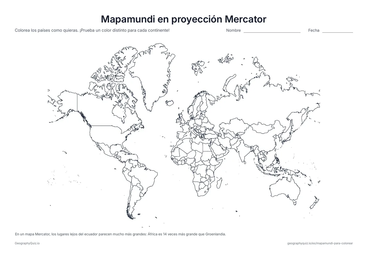Vista previa de la ficha para imprimir «Mapamundi en proyección Mercator»: El clásico mapa Mercator, con una nota sobre por qué Groenlandia parece tan grande como África