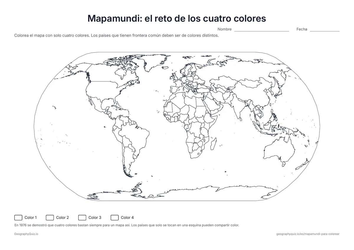 Vista previa de la ficha para imprimir «Mapamundi: el reto de los cuatro colores»: Colorea todos los países con solo cuatro colores sin que dos vecinos coincidan: un acertijo con un famoso teorema matemático detrás
