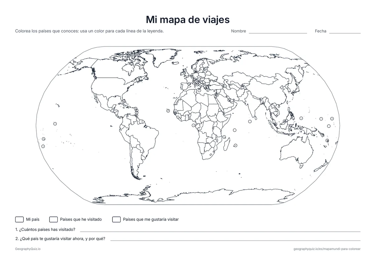 Vista previa de la ficha para imprimir «Mi mapa de viajes»: Colorea tu país, los países que has visitado y los que te gustaría visitar, y responde dos preguntas