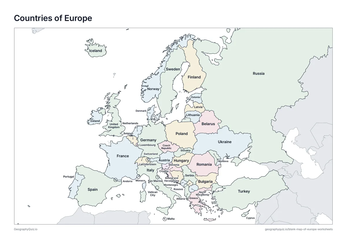 Preview of the printable countries of europe worksheet