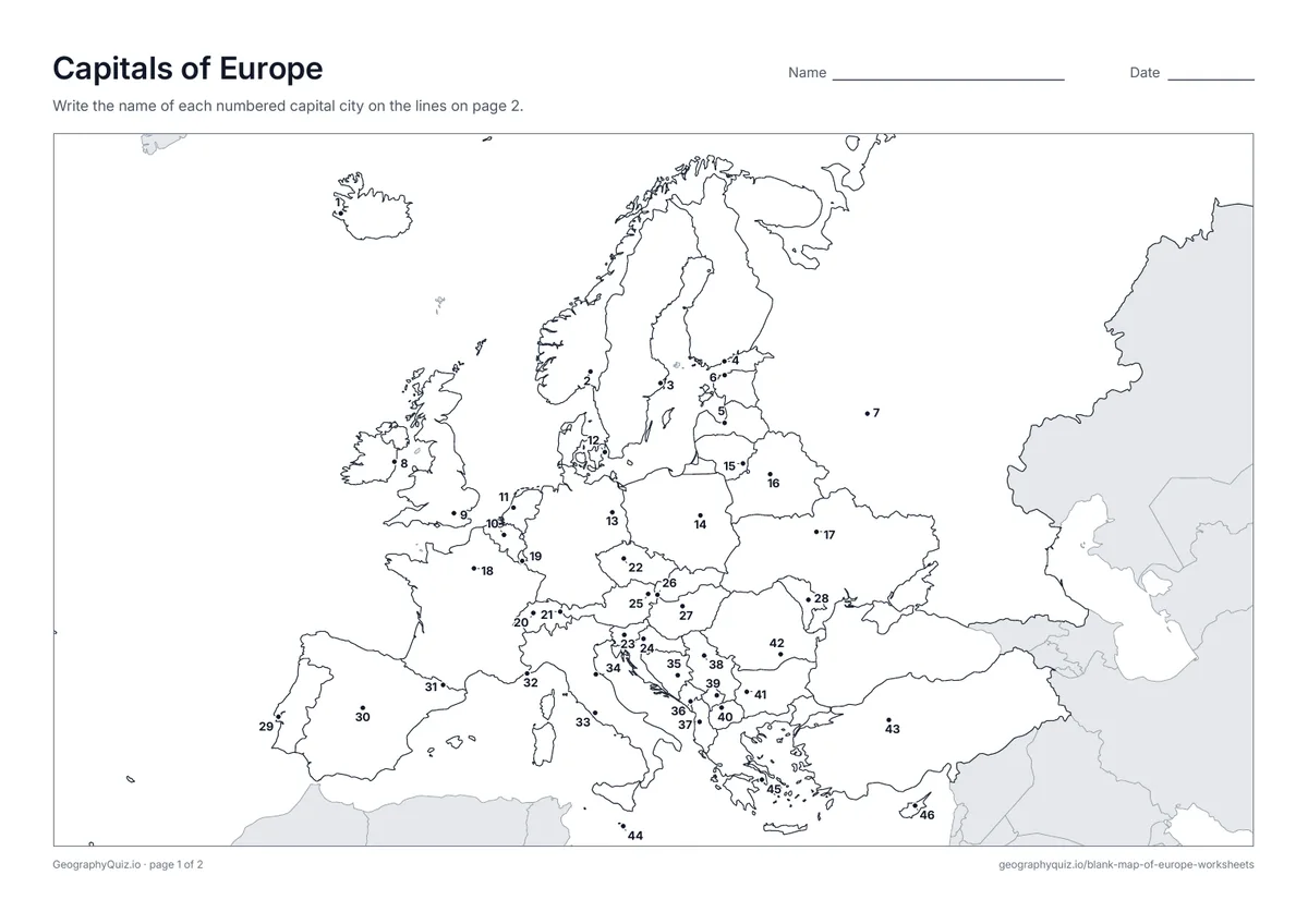 Preview of the printable capitals of europe worksheet