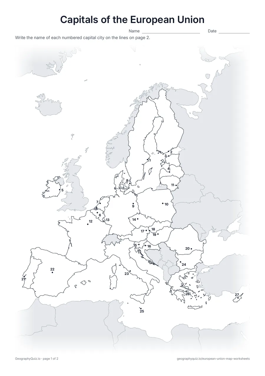 Preview of the printable capitals of the european union worksheet