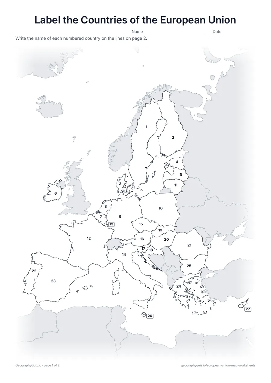 Preview of the printable label the countries of the european union worksheet