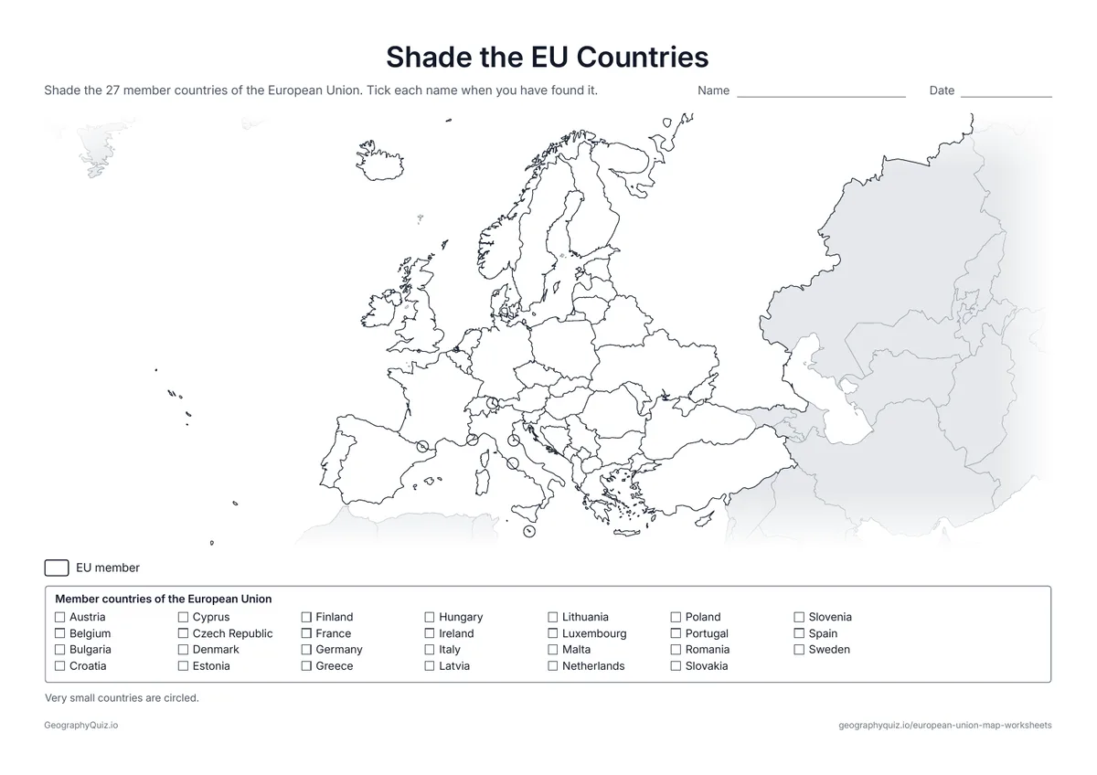 Preview of the printable shade the eu countries worksheet