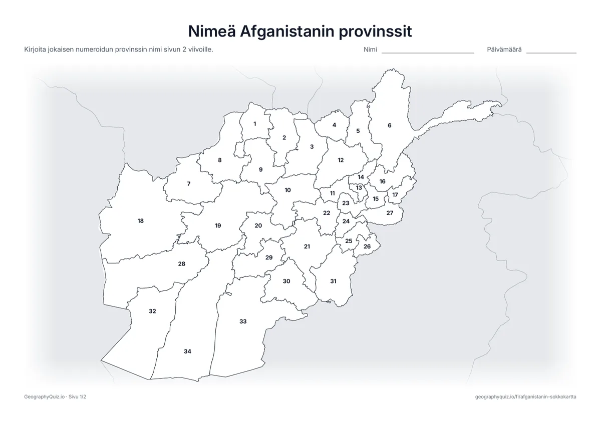 Esikatselu: tulostettava tehtävämoniste ”Nimeä Afganistanin provinssit”: Kaikki 34 provinssia on numeroitu