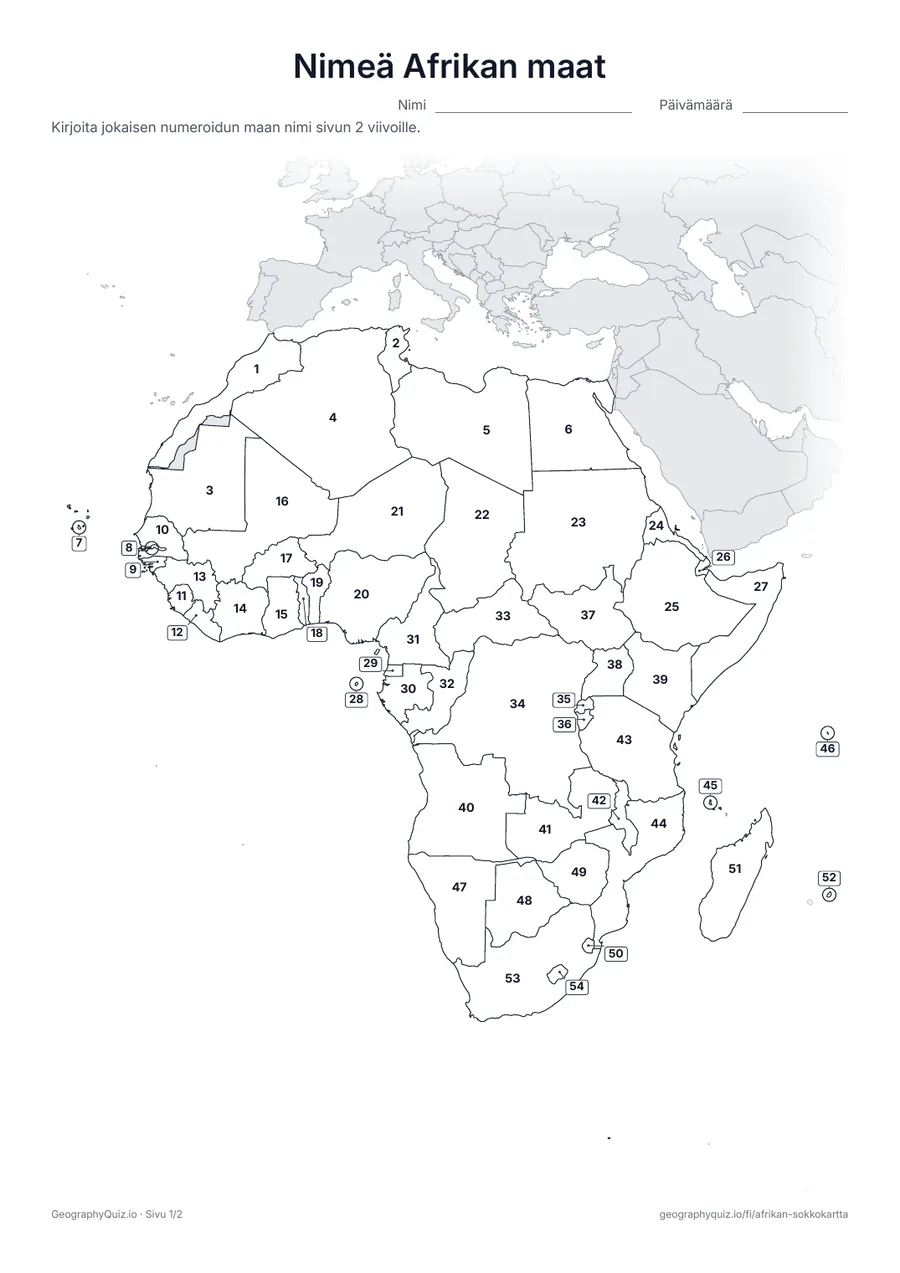 Esikatselu: tulostettava tehtävämoniste ”Nimeä Afrikan maat”: Jokaisella Afrikan maalla on numero