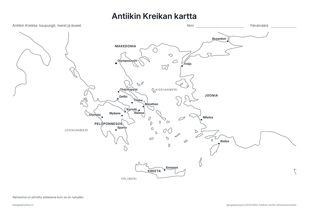 Esikatselu: tulostettava tehtävämoniste ”Antiikin Kreikan kartta”: Ateena, Sparta, Marathon, Delfoi, Olympia, Knossos, Troija ja muita paikkoja sekä Olymposvuori, meret ja alueet