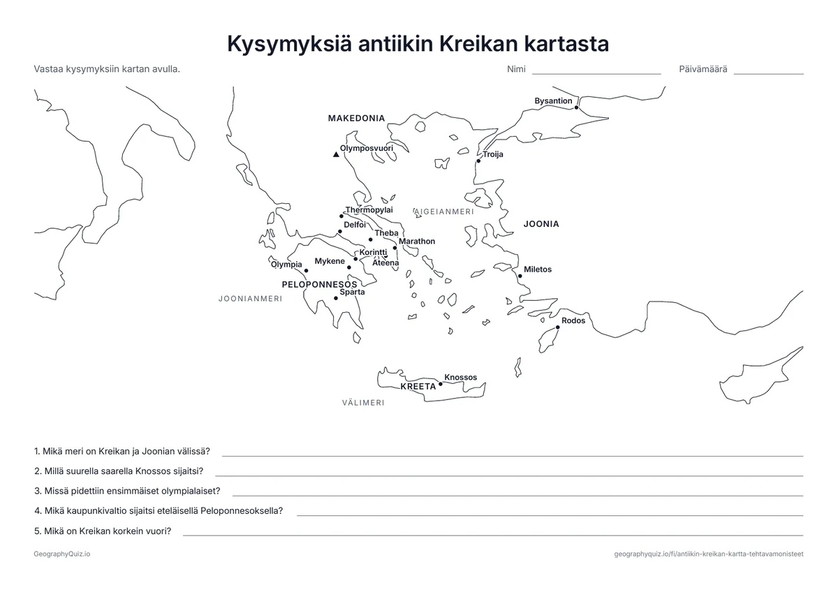 Esikatselu: tulostettava tehtävämoniste ”Kysymyksiä antiikin Kreikan kartasta”: Nimetty kartta ja viisi kysymystä olympialaisista, Spartasta, Knossoksesta, Olymposvuoresta ja Aigeianmerestä