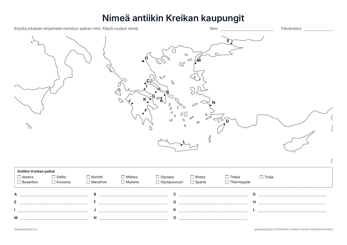 Esikatselu: tulostettava tehtävämoniste ”Nimeä antiikin Kreikan kaupungit”: Viisitoista kirjainpaikkaa Ateenasta ja Spartasta Marathoniin, Troijaan ja Olymposvuorelle