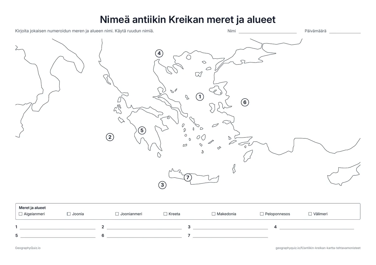 Esikatselu: tulostettava tehtävämoniste ”Nimeä antiikin Kreikan meret ja alueet”: Aigeianmeri, Joonianmeri ja Välimeri sekä Makedonia, Peloponnesos, Joonia ja Kreeta nimetään