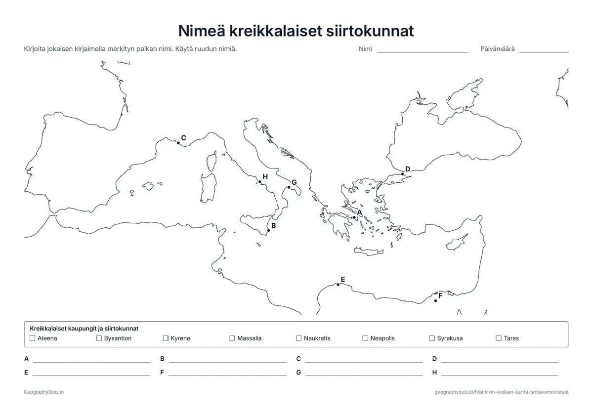 Esikatselu: tulostettava tehtävämoniste ”Nimeä kreikkalaiset siirtokunnat”: Kahdeksan kirjainkaupunkia Välimeren ympärillä