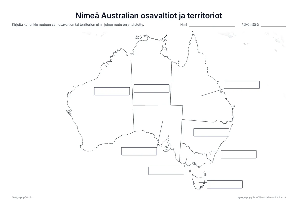 Esikatselu: tulostettava tehtävämoniste ”Nimeä Australian osavaltiot ja territoriot”: Kaikki 6 osavaltiota ja 2 territoriota on yhdistetty viivalla kukin omaan tyhjään vastausruutuunsa, kuten maailmankarttojen monisteessa ”Nimeä maanosat”