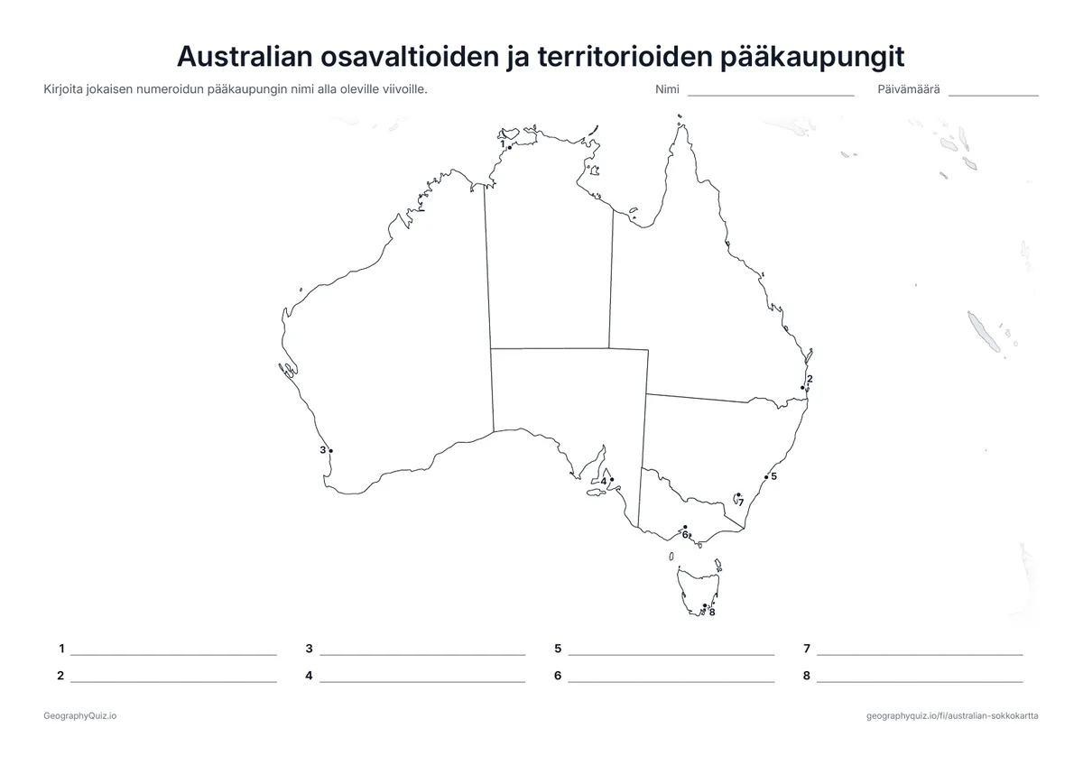 Esikatselu: tulostettava tehtävämoniste ”Australian osavaltioiden ja territorioiden pääkaupungit”: Jokainen pääkaupunki on merkitty numeroidulla pisteellä