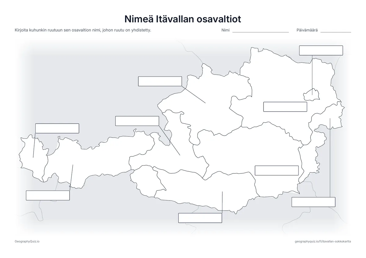 Esikatselu: tulostettava tehtävämoniste ”Nimeä Itävallan osavaltiot”: Kaikki 9 osavaltiota on yhdistetty viivalla kukin omaan tyhjään vastausruutuunsa, kuten maailmankarttojen monisteessa ”Nimeä maanosat”