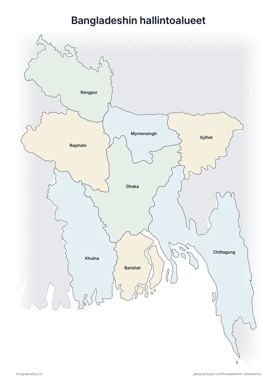 Esikatselu: tulostettava tehtävämoniste ”Bangladeshin hallintoalueet”: Bangladeshin kartta, johon on kirjoitettu kaikki nimet – katsauskartaksi tunnille ja kertaukseen