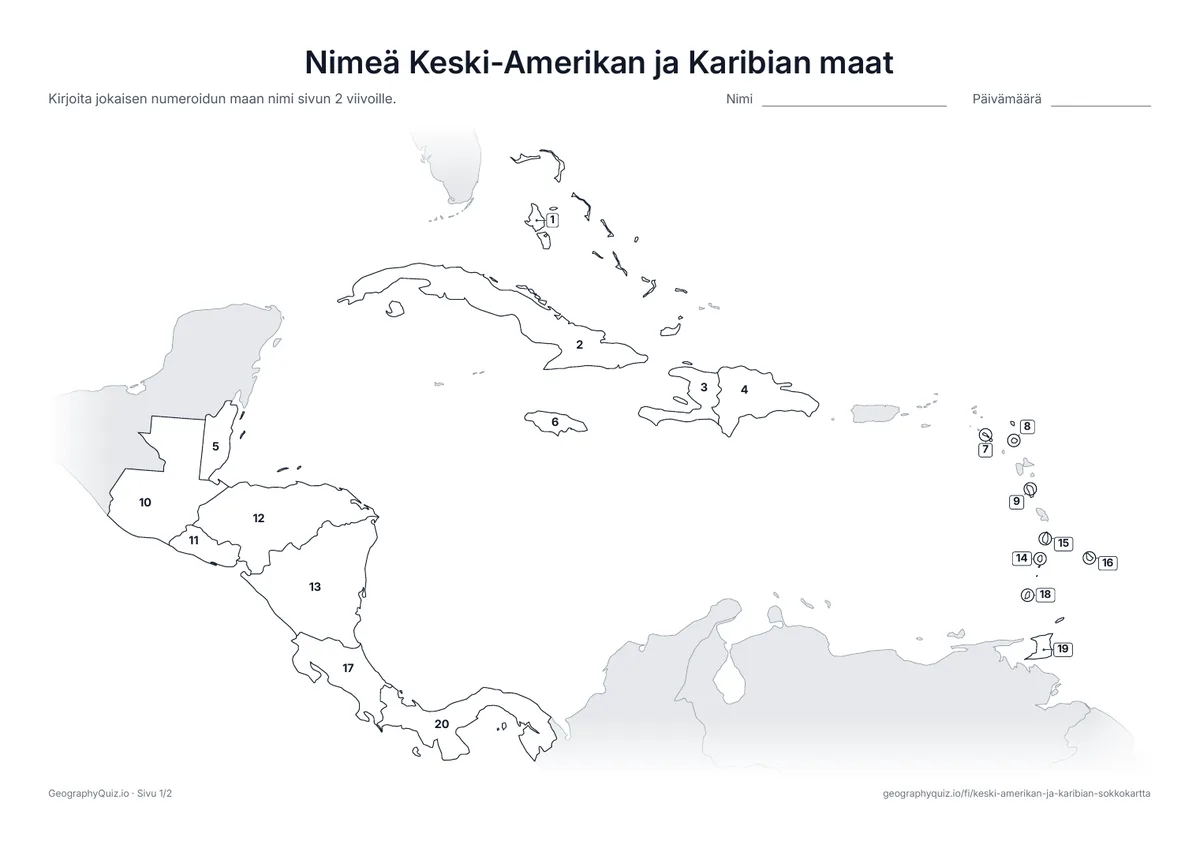 Esikatselu: tulostettava tehtävämoniste ”Nimeä Keski-Amerikan ja Karibian maat”: Kaikki 20 maata on numeroitu