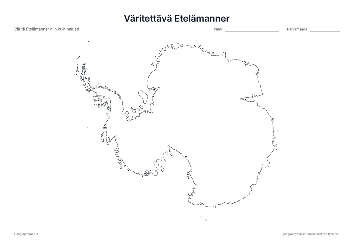 Esikatselu: tulostettava tehtävämoniste ”Väritettävä Etelämanner”: Etelämanner ylhäältä etelänavan yläpuolelta katsottuna: suuri, jäinen maanosa väritettäväksi