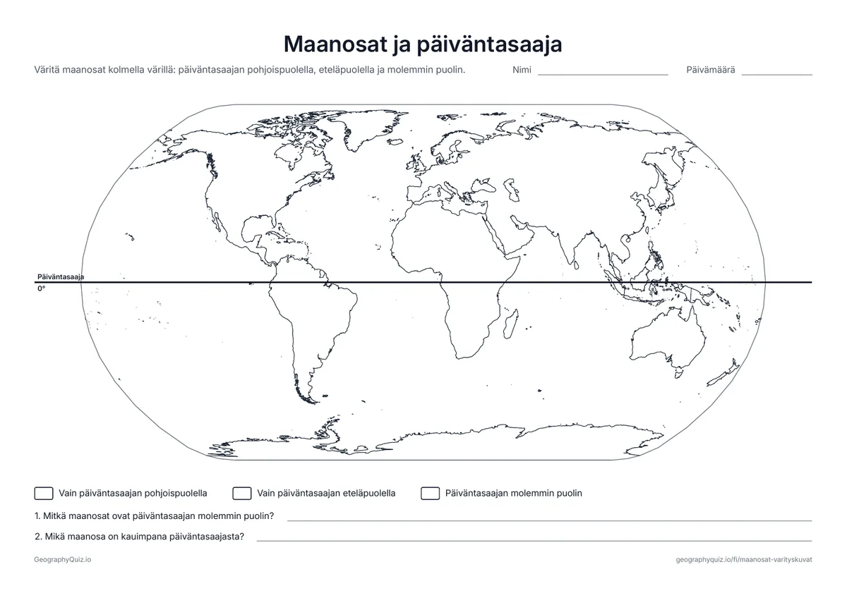 Esikatselu: tulostettava tehtävämoniste ”Maanosat ja päiväntasaaja”: Päiväntasaaja on piirretty kartalle