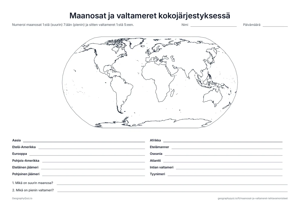 Esikatselu: tulostettava tehtävämoniste ”Maanosat ja valtameret kokojärjestyksessä”: Maanosat numeroidaan suurimmasta pienimpään, sitten valtameret; lisäksi on kaksi kysymystä