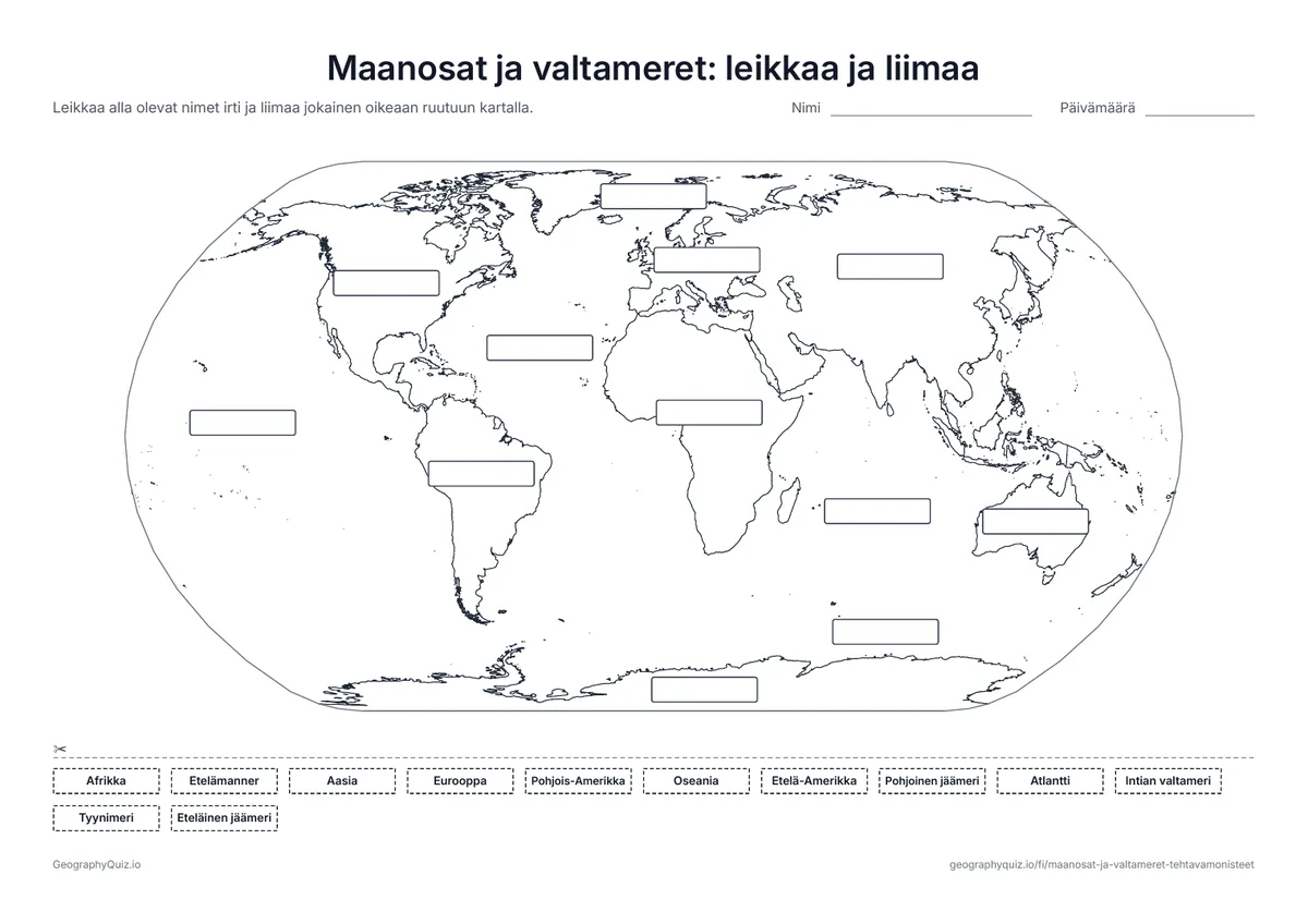 Esikatselu: tulostettava tehtävämoniste ”Maanosat ja valtameret: leikkaa ja liimaa”: Kaksitoista tyhjää ruutua kartalla ja kaksitoista nimeä leikattavaksi ja liimattavaksi – askartelutehtävä nuorimmille