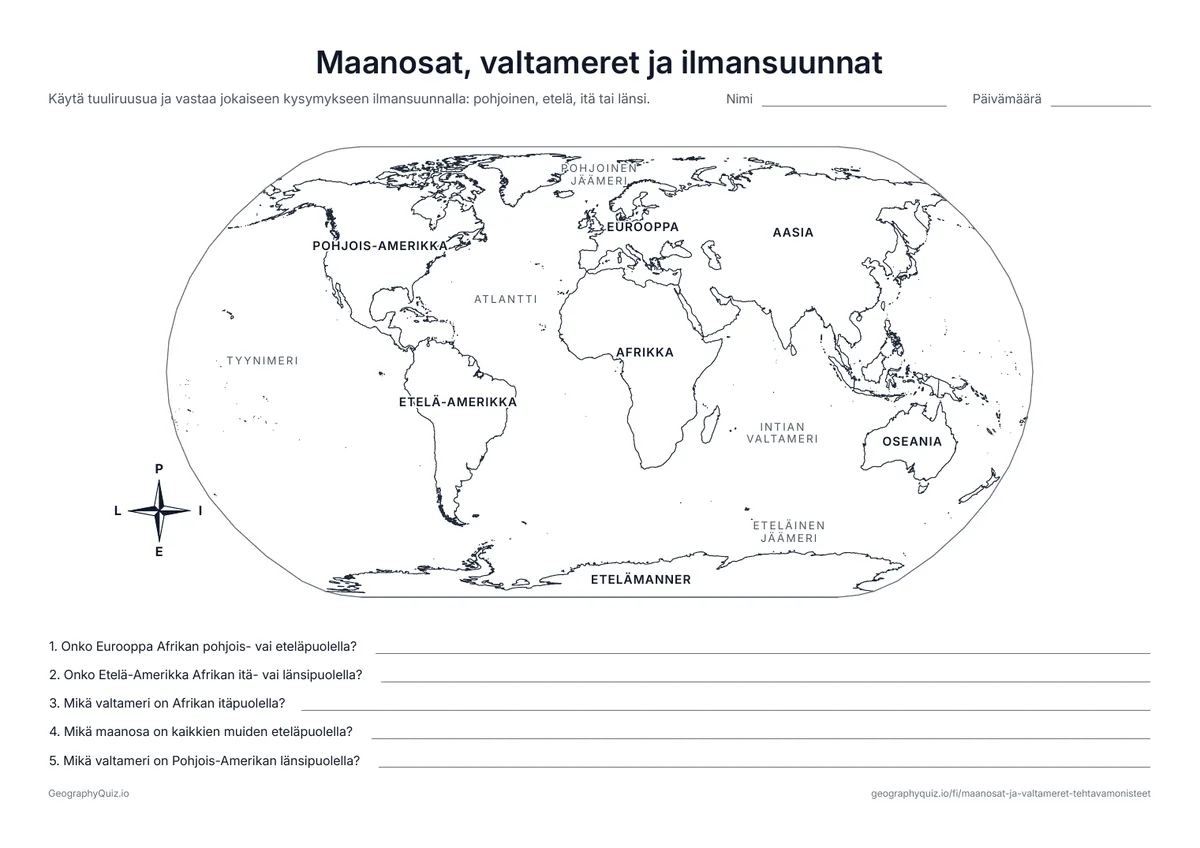 Esikatselu: tulostettava tehtävämoniste ”Maanosat, valtameret ja ilmansuunnat”: Nimetty maailmankartta ja tuuliruusu