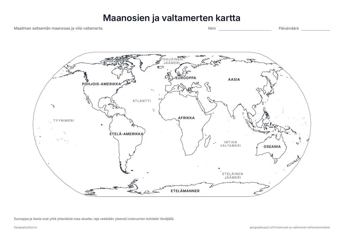 Esikatselu: tulostettava tehtävämoniste ”Maanosien ja valtamerten kartta”: Maailmankartta, johon on kirjoitettu kaikki seitsemän maanosaa ja viisi valtamerta – mallikartta opetukseen