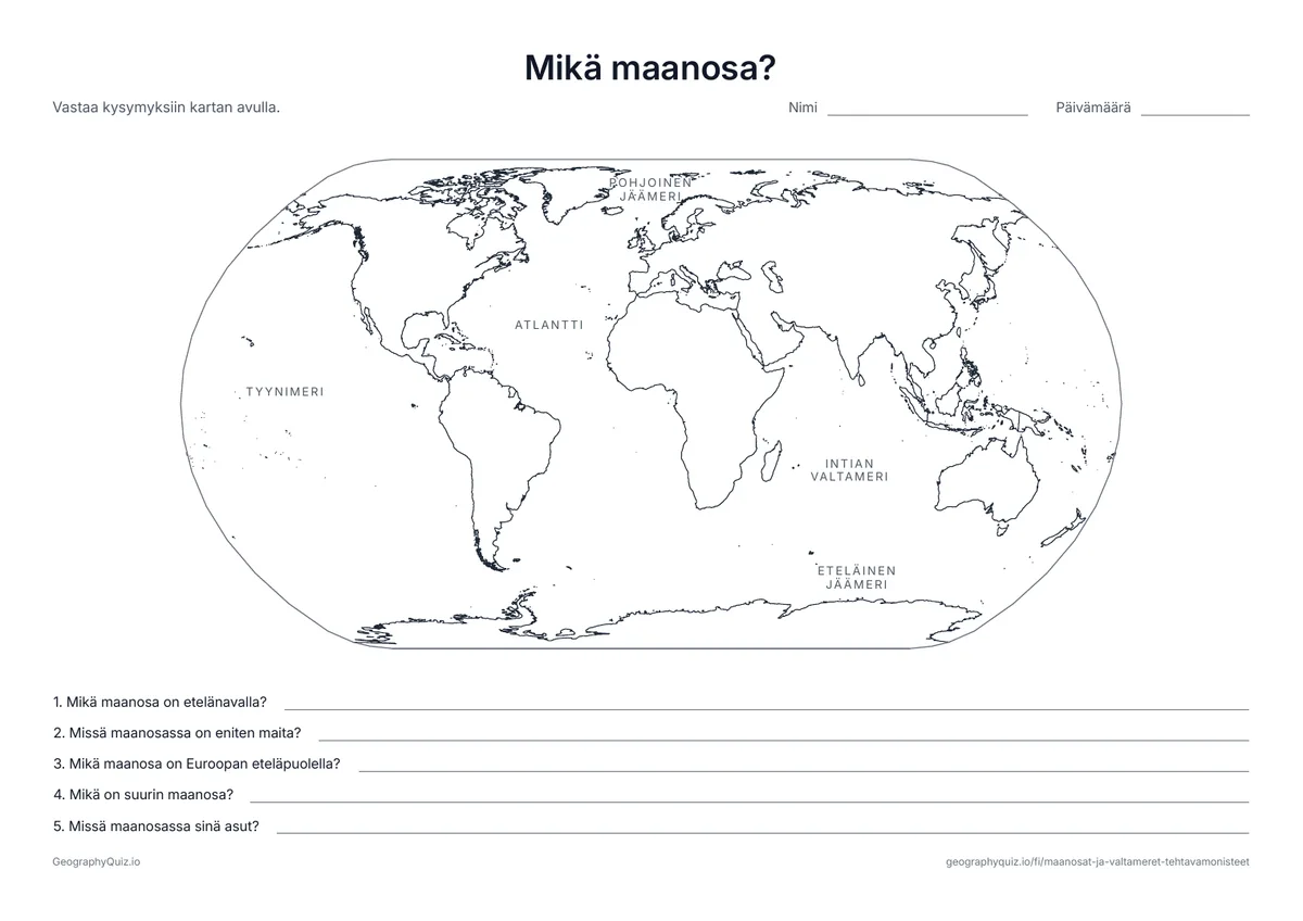 Esikatselu: tulostettava tehtävämoniste ”Mikä maanosa?”: Valtamerten nimet ovat kartalla