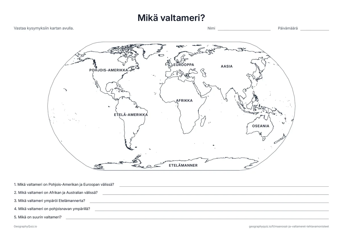 Esikatselu: tulostettava tehtävämoniste ”Mikä valtameri?”: Maanosien nimet ovat kartalla