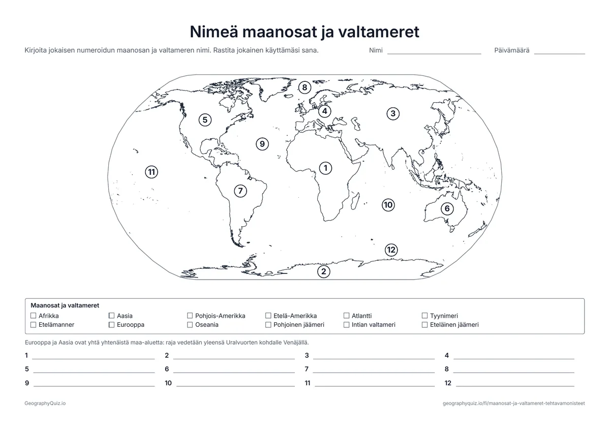 Esikatselu: sokkokartta – maanosat ja valtameret